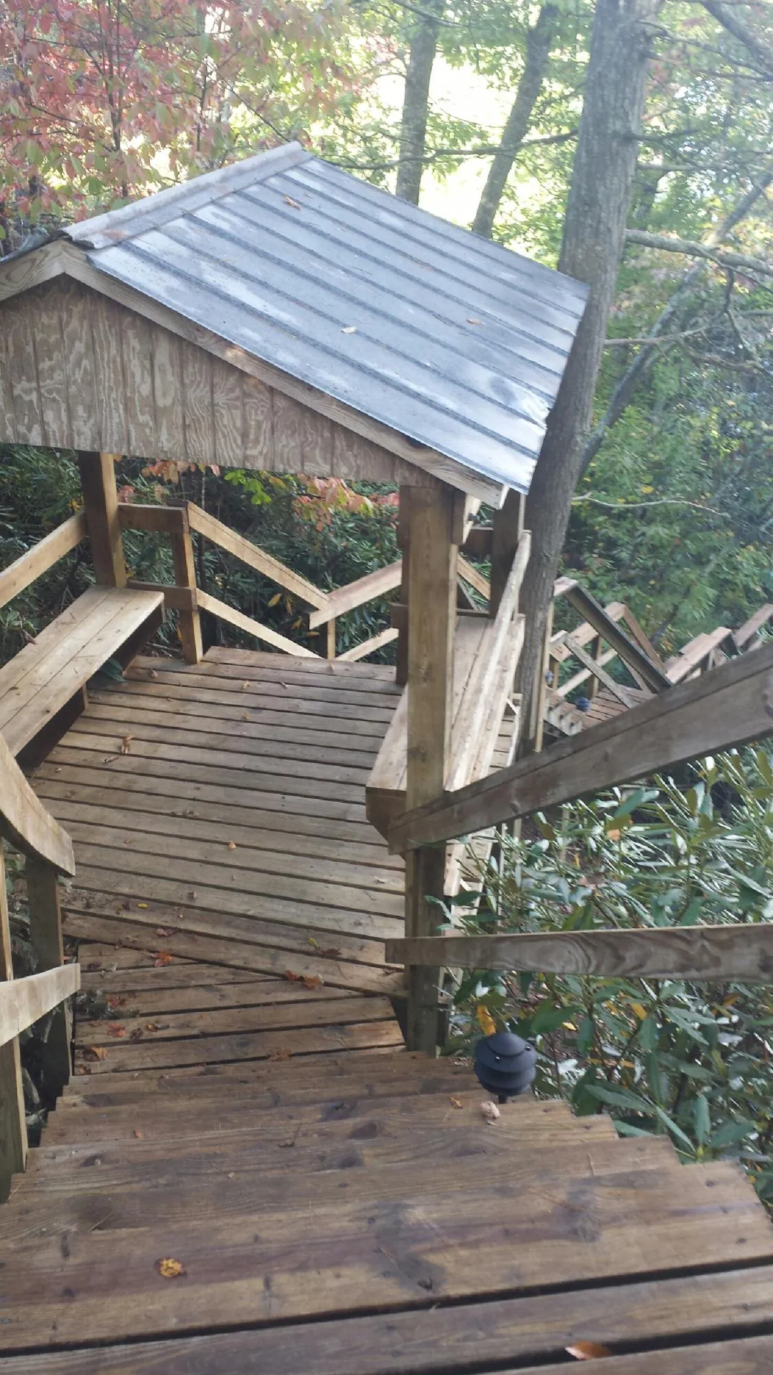 Metal roofed shelter over wooden steps on a wooded walkway — Skylight Repair & Installation work by our crew in Grand Terrace